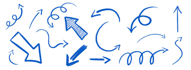Hand drawn blue arrow symbol crayon elements. Black pen check marks illustration vector shapes for hand drawn notes.