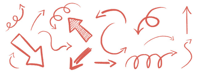 Hand drawn red arrow symbol crayon elements. Black pen check marks illustration vector shapes for hand drawn notes.