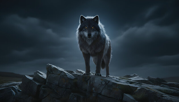 Lone Dire Wolf Stands Upon Rocks At Dark Night