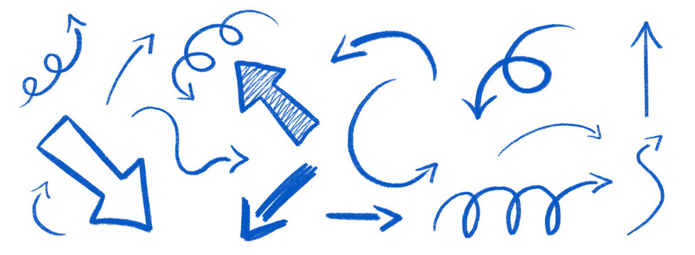 Hand drawn blue arrow symbol crayon elements. Black pen check marks illustration vector shapes for hand drawn notes.