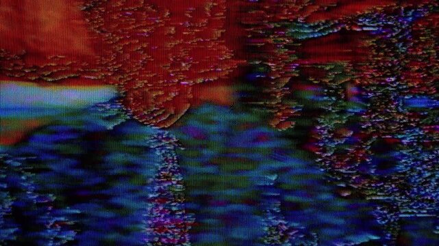 Abstract retro VHS glitch animation with red and blue color split, heavy analog noise, and distorted CRT texture. Experimental cinematic motion background inspired by corrupted signals and vintage.