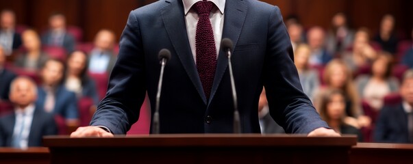 Male leader in a navy suit and red knit tie standing at a lectern addressing a blurred auditorium crowd, concept for executive leadership, government presentation and business seminars