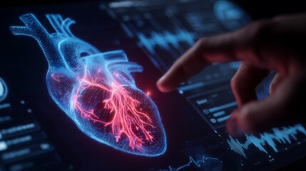 Finger touching holographic wireframe heart model displaying active coronary vessels and medical data, concept for cardiovascular diagnosis, advanced technological healthcare and bioscience research