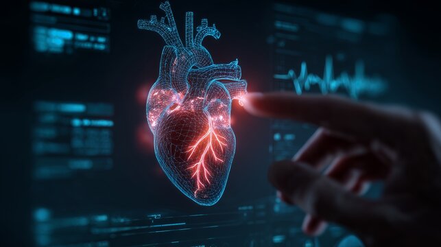 Wireframe 3D human heart model glowing red on a dark digital interface, being analyzed by a medical professional's hand, concept for cardiovascular research, surgical planning and medical diagnostics