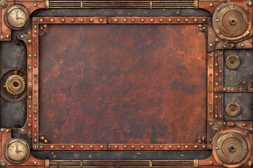 Steampunk industrial frame background with distressed copper texture and detailed brass mechanical borders, concept for display design, presentation background and historical poster border