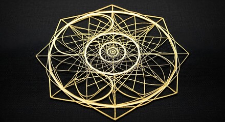 Golden, layered geometric design against a dark, textured background. Central focus on a radiating circular pattern