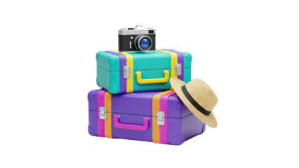 Stack of colorful suitcases with camera and straw hat