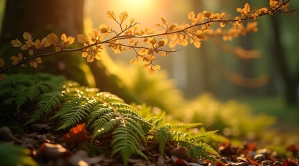 Close-Up of Sunlight Filtering Through Tree Branches and Forest Floor