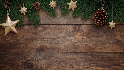 Holiday decor with evergreen branches pine cones and stars