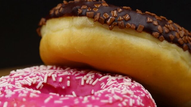 A tempting close-up view of a chocolate donut stacked on a pink donut, showcasing their delicious textures. Great for food promotions, bakery advertisements, or sweet cravings.