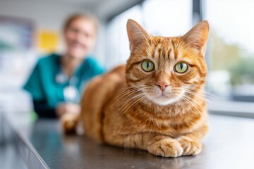 Orange tabby cat with vivid green eyes on exam table, blurred smiling veterinarian in teal scrubs, concept for veterinary advertising, pet healthcare services and animal welfare promotion