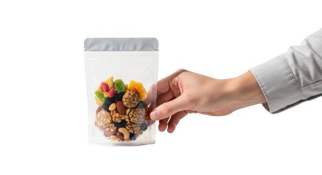 Ethnically ambiguous hand holding transparent snack pouch with colorful dried fruit, nuts, granola and matte grey seal on white studio background, modern healthy lifestyle concept