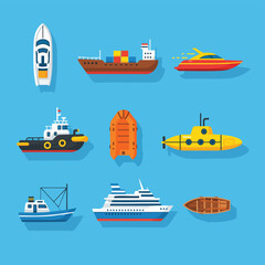Diverse Fleet of Nautical Vessels Collection: Cargo Ship, Yacht, Tugboat, Submarine, Cruise Liner, and Boats.