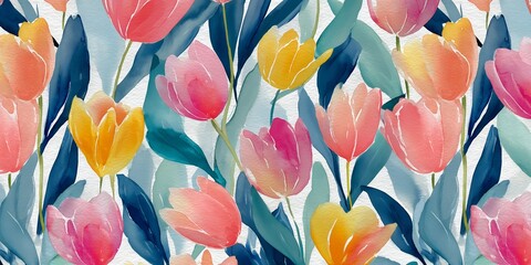 Watercolor seamless pattern of vibrant spring tulips in pink, yellow and coral with deep blue foliage, concept for fashion design, textile printing and home decor wallpaper