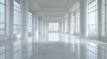 Cloud Dancer themed A spacious and modern interior white columns and large windows Colour of the Year 2026