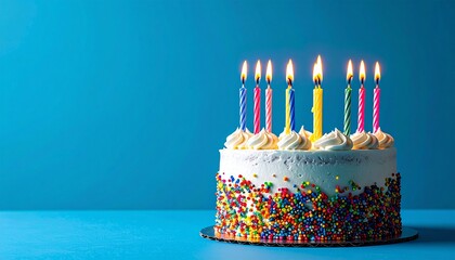 Festive Birthday Cake with Lit Candles and Colorful Sprinkles