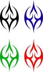 Fototapeta premium Color variation set of tribal flame tattoo symbols in black, blue, green, and red vector styles.