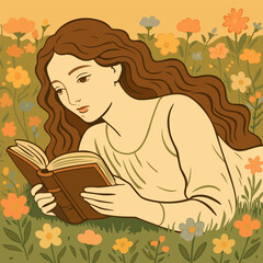 Serene dreamy woman lying on floral meadow and reading book, surrounded by lush green grass and flowers. Vector illustration