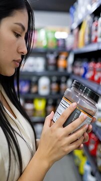 A Latin girl stands in a store examining a jar of dry food supplement. She reads the nutrient content while deciding on the product. The store has many similar items on shelves
