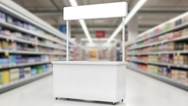 Blank White Promotional Stand in Supermarket Aisle Mockup.