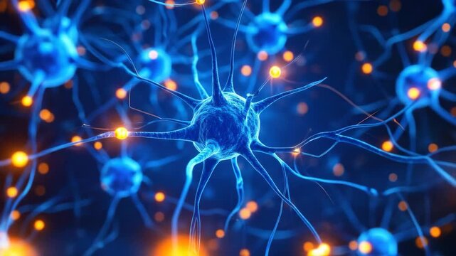 Detailed 3D render of interconnected nerve cells, illuminated with soft orange light in a blue background.