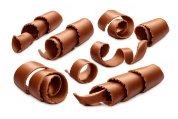 Chocolate curls and shavings, perfect for garnishing cakes, pastries, ice cream, and hot drinks, enhancing sweet treats
