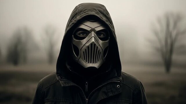 Mysterious Figure in Mask and Hood Stands in Foggy Landscape.