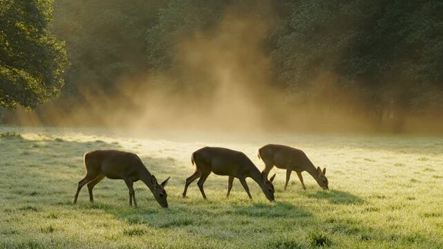 Generative ai depicts majestic deer grazing in misty meadow nature scene early morning tranquil atmosphere
