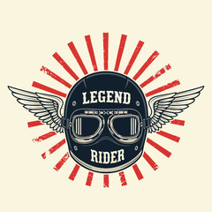 Vintage Motorcycle Helmet with Wings and Sunburst, Legend Rider Emblem for Apparel and Design.