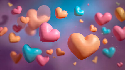 A bright pink, orange, and blue 3D heart shape for Valentine's Day floats gracefully over a beautiful soft purple and blue gradient background with bokeh effect.