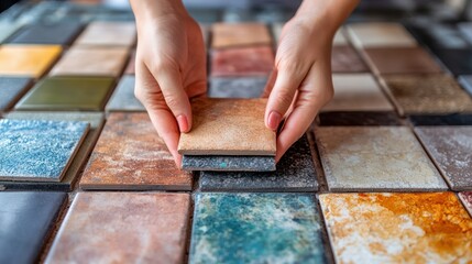 Close-up view of hands arranging tile samples for design or renovation purposes
