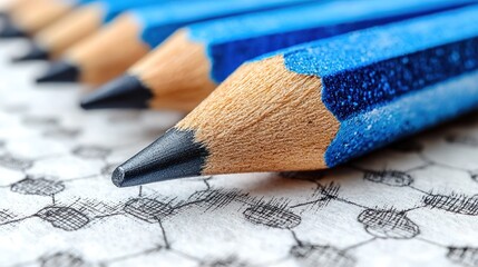Close-up of aligned pencils with blue paint, sharp tips, and wooden exteriors, over a sketched paper