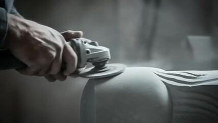 Close up of a craftsman using an angle grinder on a sculpture.
