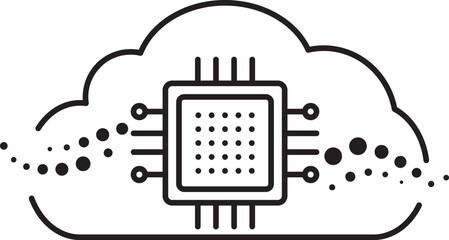 Black cloud with integrated microchip symbolizing cloud computing data processing networking and technology services