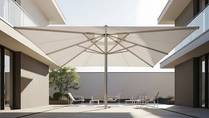 Fototapeta premium Modern Outdoor Patio Umbrella Providing Shade Over Seating Area.