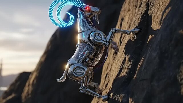 Futuristic Robotic Goat Climbing Rocky Mountain Side with Glowing Horns.