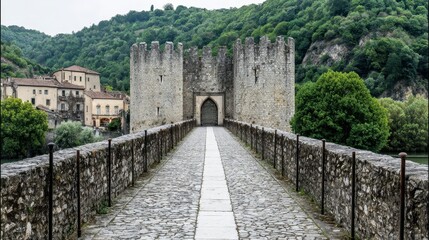Obraz premium A paved walkway stretches through a stone arch bridge, with ancient stone fortifications and lush greenery rising up the surrounding hills.