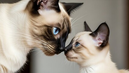 Two Siamese cats touching noses affectionately in a close-up portrait.