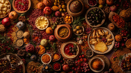 Styled overhead shot of a feast table with abundant, colorful food vibrant fruits, rich spices creating color variations, fresh herbs, varied textures and patterns