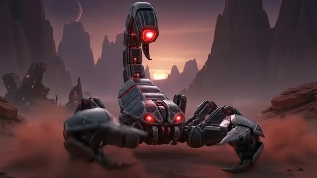 Futuristic Robotic Scorpion with Laser Eyes in a Desert Landscape.