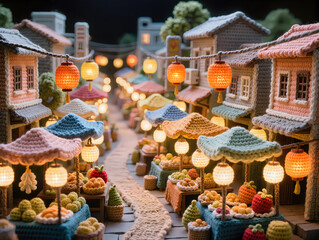 A lively 3D model landscape diorama of a Thai night market