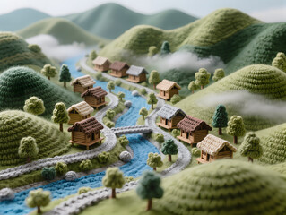 A charming crochet 3D model landscape diorama of Pai village, Thailand
