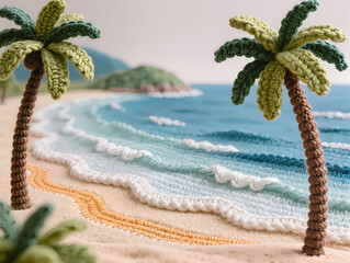 A calm crochet 3D model landscape diorama of Hua Hin Beach, Thailand