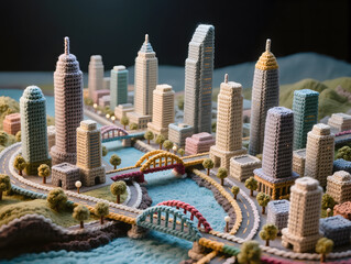 A modern crochet 3D model landscape diorama of the Bangkok skyline