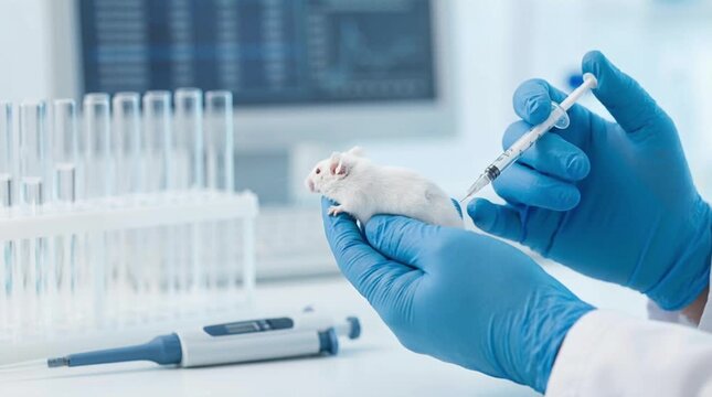 Laboratory mouse research testing, medical experiment and biotechnology study.