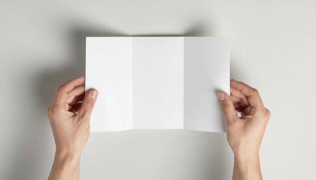 Hands holding blank paper sheet, empty white page mockup background.