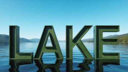 Large green letters spelling lake float on calm water with mountains