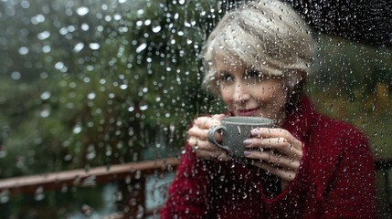 A mature woman enjoys a warm beverage on a rainy day, seen through a window covered in raindrops.