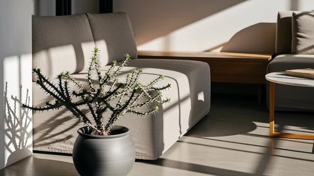 Modern living room with cactus plant on floor beside sofa
