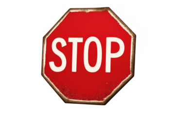 Octagonal red stop sign symbolising warning, caution, and control, isolated with transparent background, white lettering